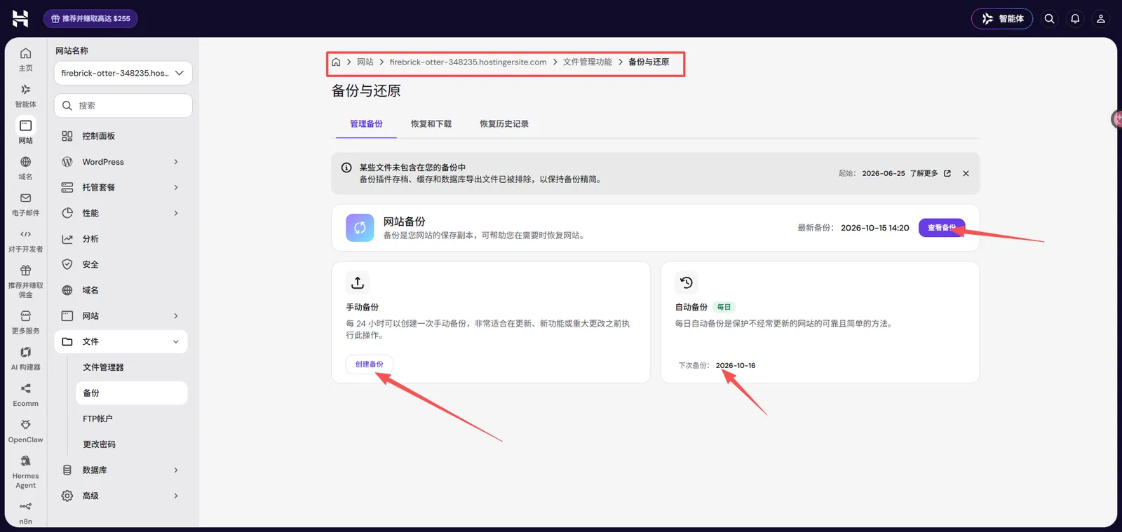 配图2｜Hostinger 主机备份功能管理页面