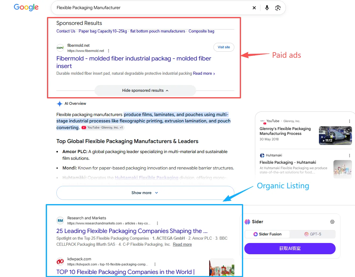 Google SEO自然搜索结果与Google Ads付费广告展示位置对比